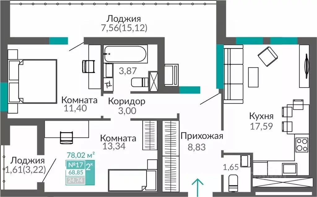 2-к кв. Крым, Симферополь ул. Виталия Чуркина (68.85 м) - Фото 1
