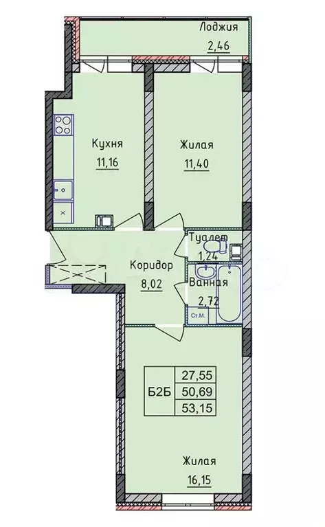 2-к. квартира, 53 м, 7/8 эт. - Фото 0
