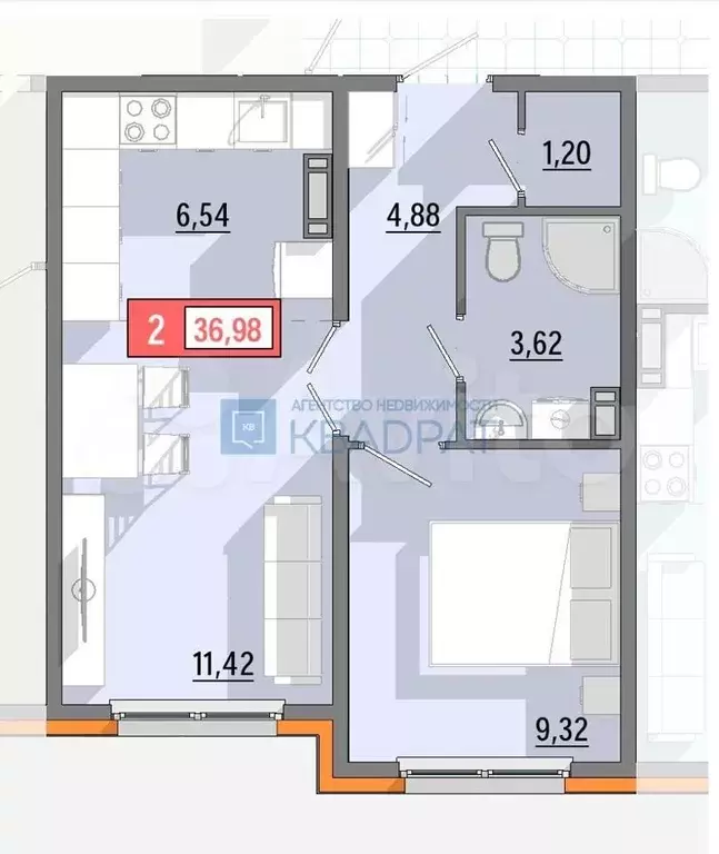 1-к. квартира, 36,7 м, 3/8 эт. - Фото 0