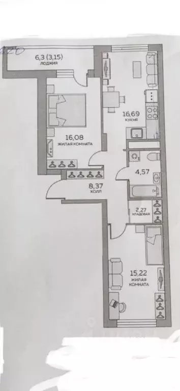 Квартира, 2 комнаты, 62.9 м - Фото 0