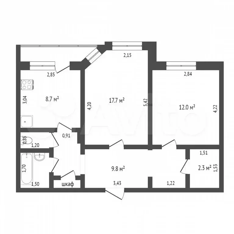 2-к. квартира, 54 м, 9/9 эт. - Фото 1