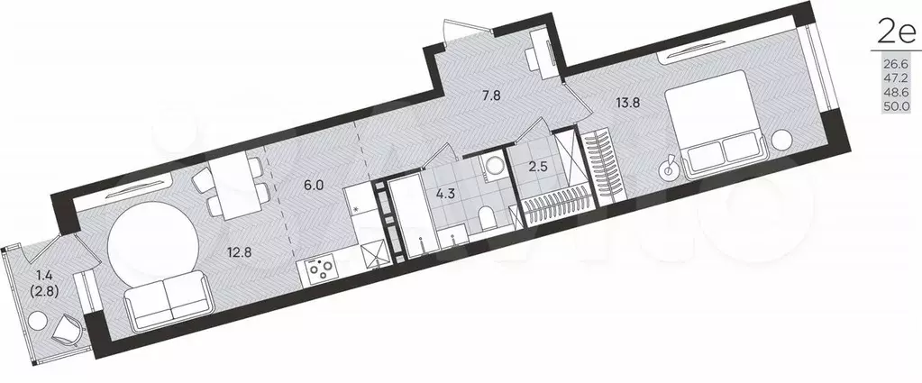 2-к. квартира, 48,6 м, 2/8 эт. - Фото 0