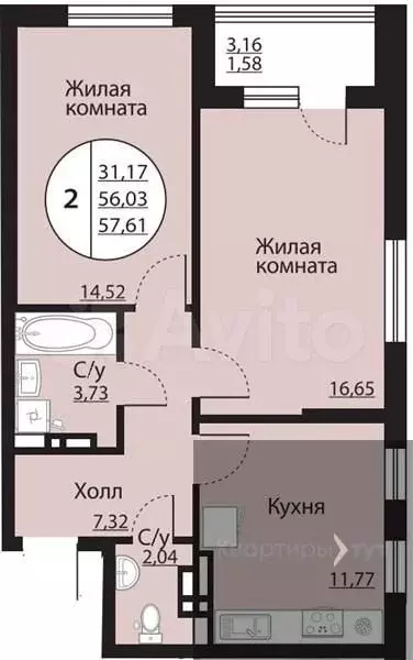 2-к. квартира, 57,6 м, 15/24 эт. - Фото 0