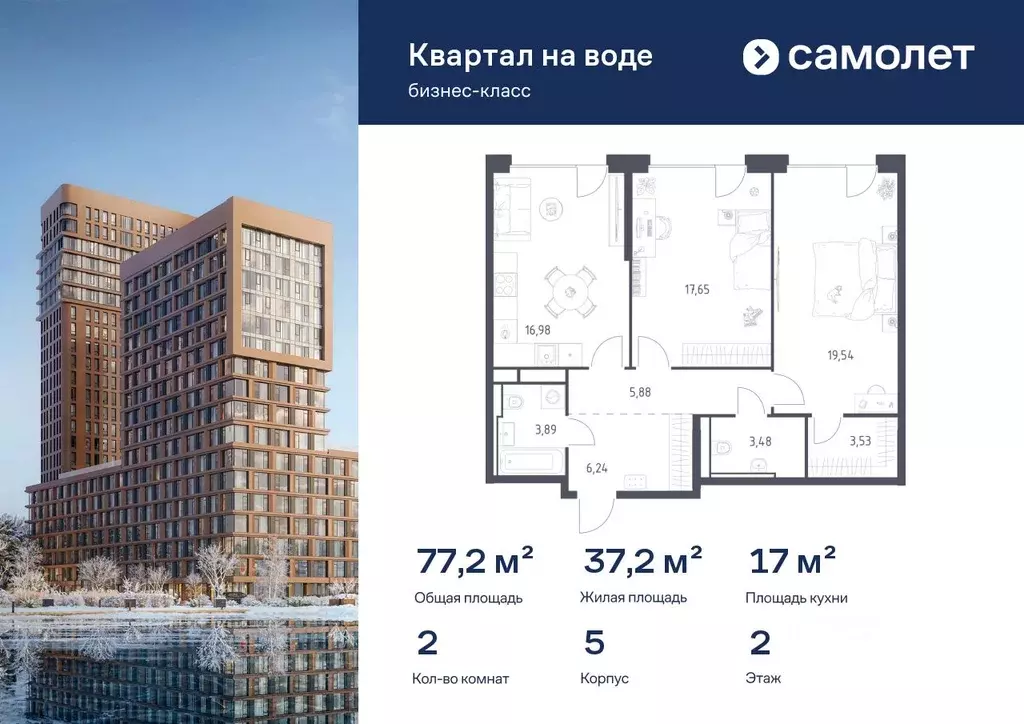 2-к кв. Москва Квартал на воде жилой комплекс, к5 (77.19 м) - Фото 1