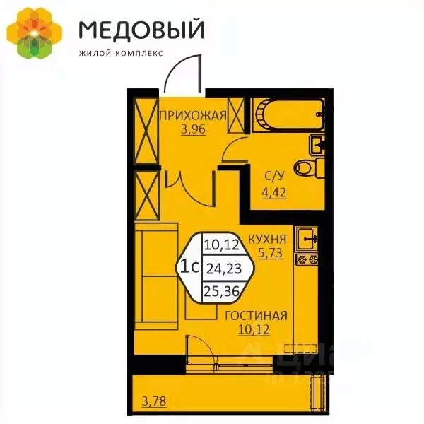 1-к кв. Пермский край, д. Кондратово ул. Н.М. Яблокова, 6 (25.36 м) - Фото 0