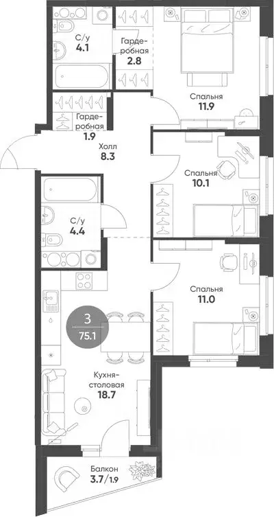 3-к кв. Новосибирская область, Кольцово рп Счастье в Кольцово жилой ... - Фото 2