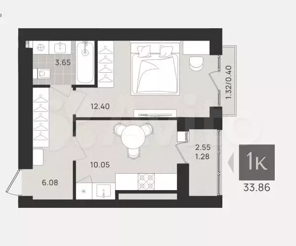 1-к. квартира, 33,9 м, 9/9 эт. - Фото 1