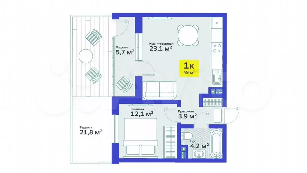 1-к. квартира, 49 м, 1/4 эт. - Фото 1