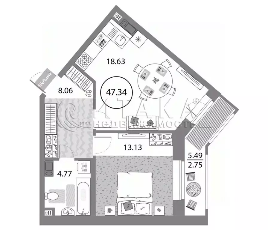 1-к кв. Санкт-Петербург просп. Авиаконструкторов, 54 (47.34 м) - Фото 1