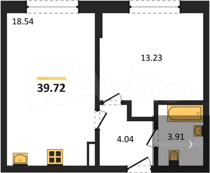 1-к. квартира, 39,7 м, 4/8 эт. - Фото 0