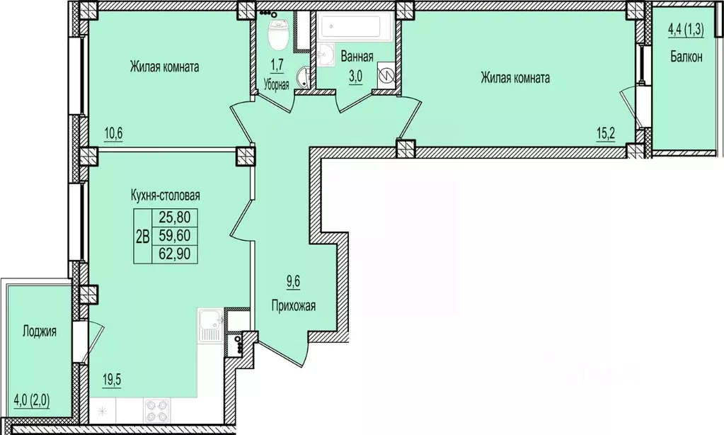 2-к кв. Псковская область, Псков Крестовский жилой комплекс (62.9 м) - Фото 1