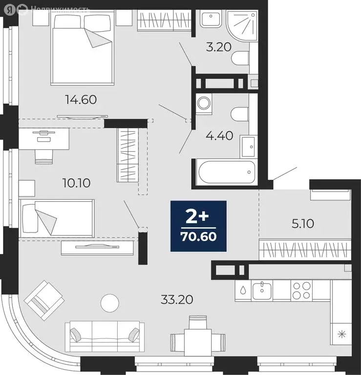 2-комнатная квартира: Тюмень, жилой комплекс Айвазовский Сити (70.6 м) - Фото 0