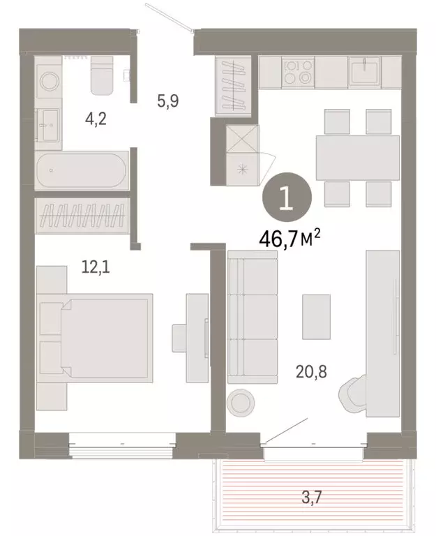 1-комнатная квартира: Тюмень, жилой комплекс На Минской (46.7 м) - Фото 1