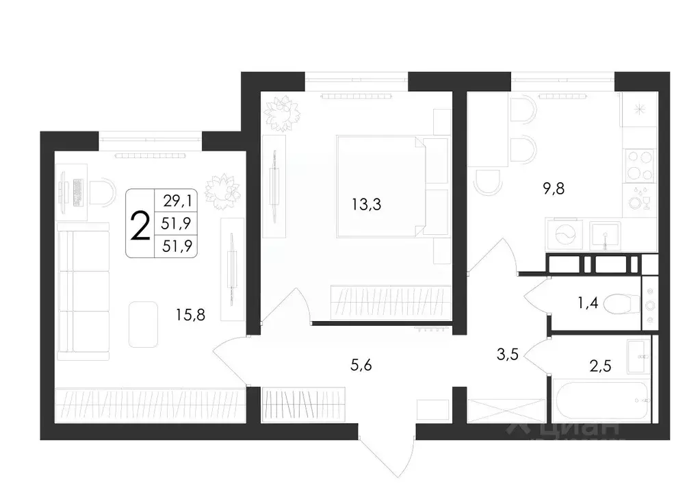 2-к кв. Воронежская область, Воронеж ул. Загоровского, 5/3 (51.9 м) - Фото 0