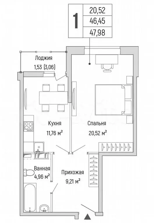 1-к. квартира, 48 м, 2/9 эт. - Фото 1