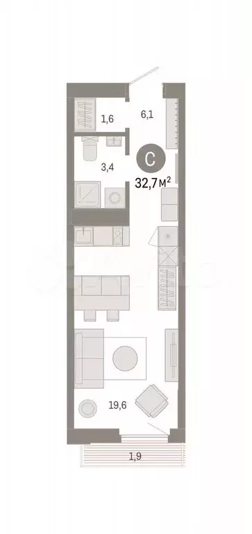 Квартира-студия, 32,7 м, 12/25 эт. - Фото 0