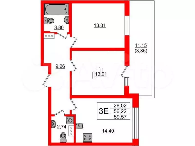 2-к. квартира, 59,6 м, 3/7 эт. - Фото 0