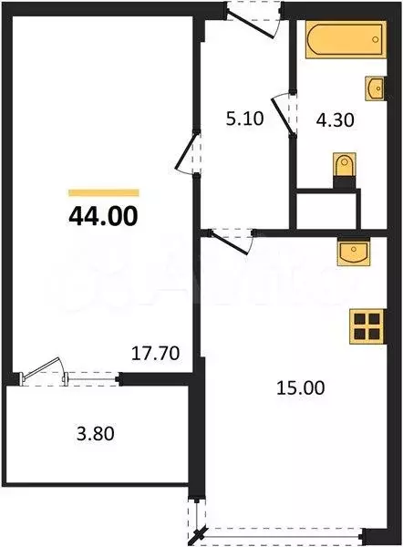 1-к. квартира, 44 м, 3/4 эт. - Фото 1