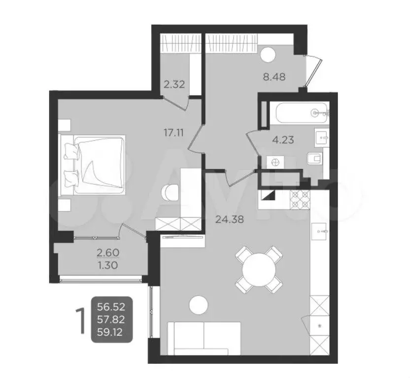 1-к. квартира, 57,6 м, 4/9 эт. - Фото 1