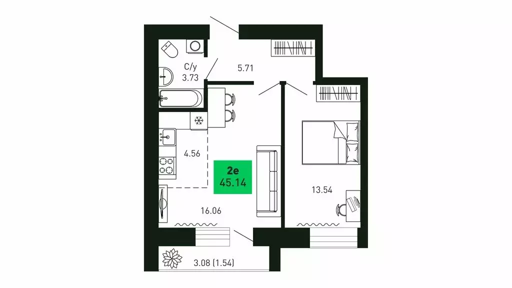 2-комнатная квартира: деревня Шутовщина, Ботаническая улица (46 м) - Фото 1