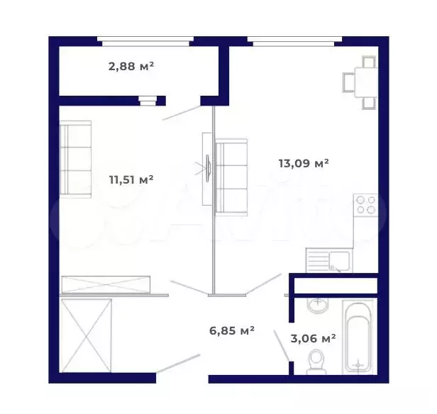 1-к. квартира, 37,4 м, 6/9 эт. - Фото 0