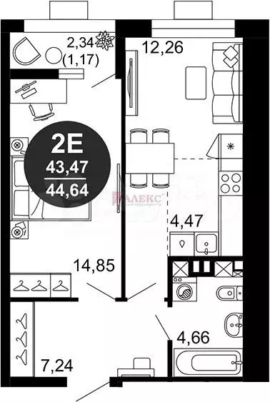 2-к. квартира, 43,5 м, 1/10 эт. - Фото 1