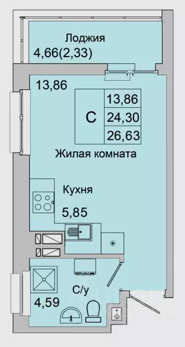 Студия Ростовская область, Батайск ул. Булгакова, 11 (26.63 м) - Фото 1