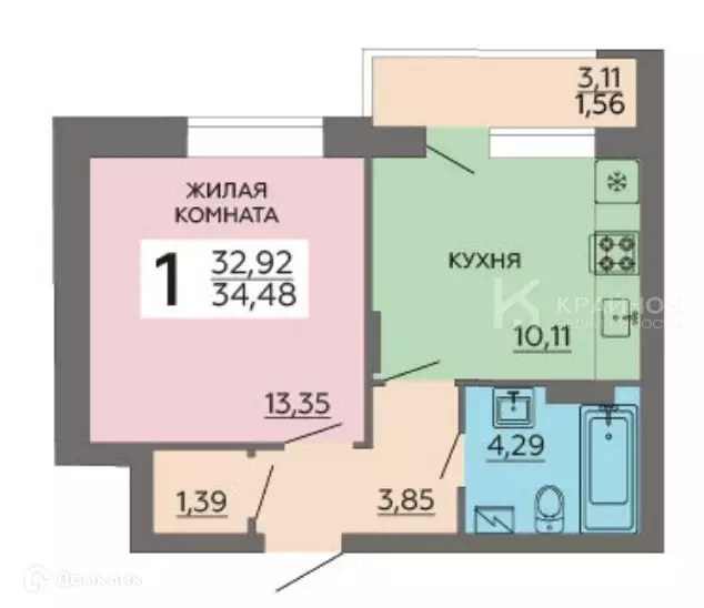 Продаётся 1-к квартира, 34.48 м - Фото 1
