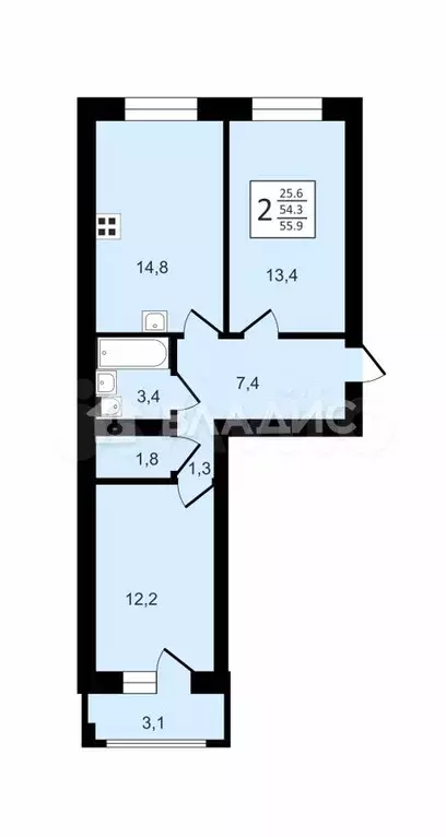 2-к. квартира, 56,9 м, 2/3 эт. - Фото 0