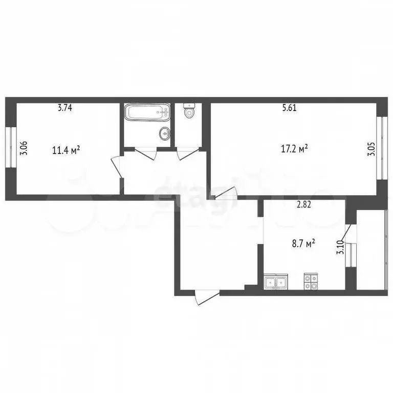 2-к. квартира, 52,9 м, 4/5 эт. - Фото 0
