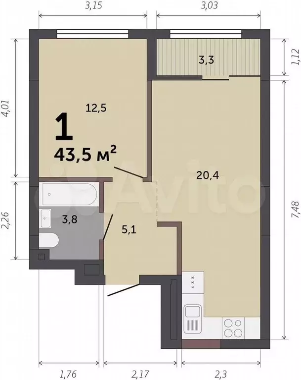 1-к. квартира, 43,5 м, 10/12 эт. - Фото 0