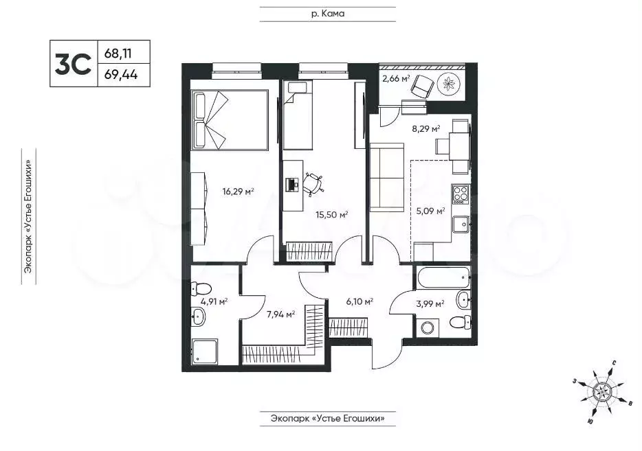 3-к. квартира, 69,4 м, 2/6 эт. - Фото 0