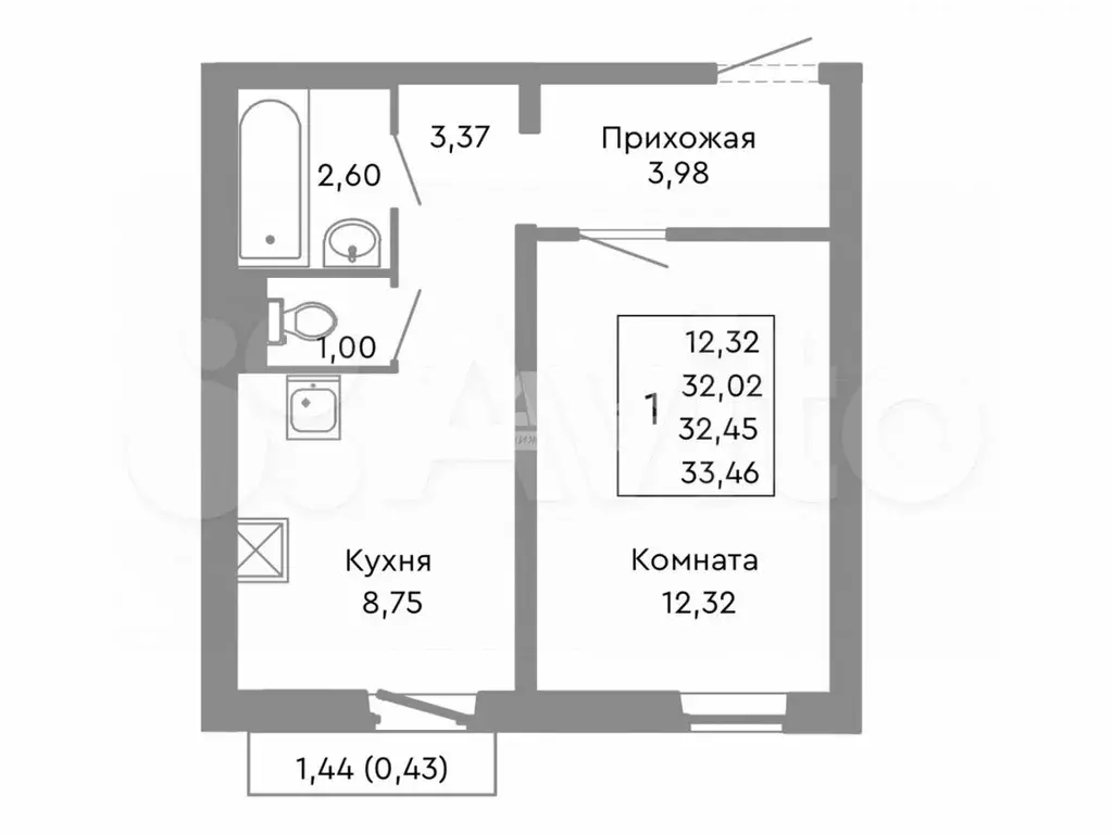1-к. квартира, 32,5 м, 6/10 эт. - Фото 0