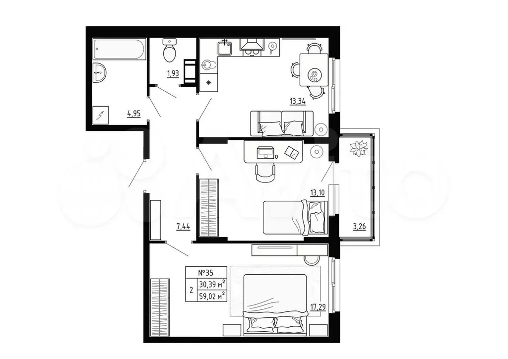 2-к. квартира, 59 м, 4/4 эт. - Фото 0