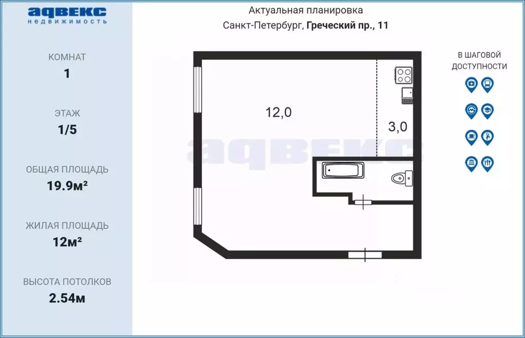 1-к кв. Санкт-Петербург Греческий просп., 11 (19.9 м) - Фото 2