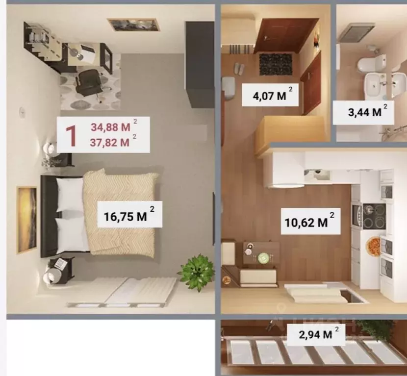 1-к кв. Тверская область, Тверь бул. Гусева, 59 (37.82 м) - Фото 2