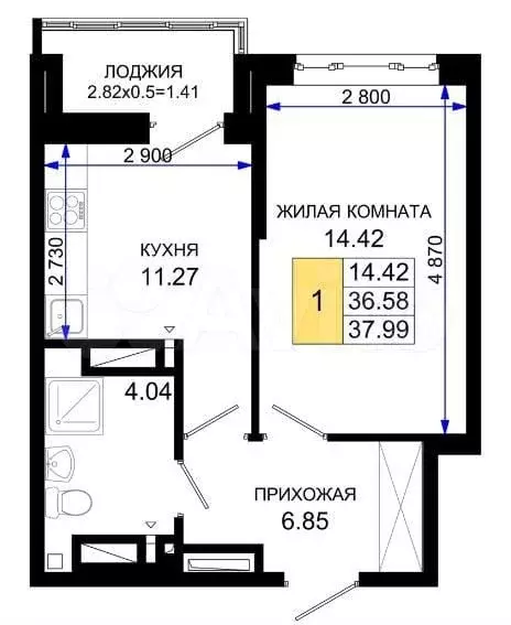 1-к. квартира, 38м, 8/25эт. - Фото 1