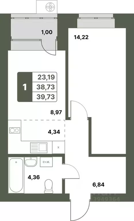 1-к кв. Башкортостан, Уфимский район, с. Миловка  (39.73 м) - Фото 1