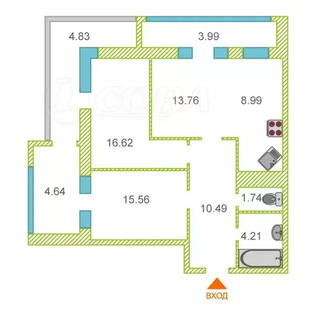 3-комнатная квартира: Туапсе, улица Портовиков, 39/4 (72.4 м) - Фото 0