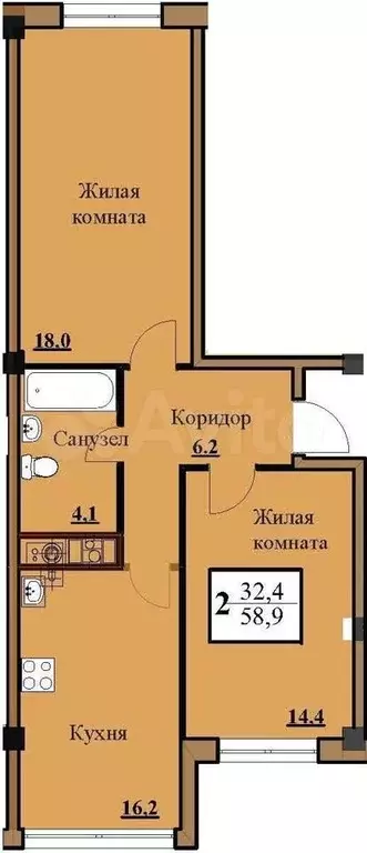 2-к. квартира, 58,9 м, 5/5 эт. - Фото 0