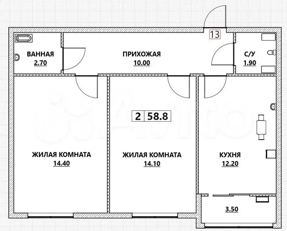 2-к. квартира, 58,8 м, 4/8 эт. - Фото 0