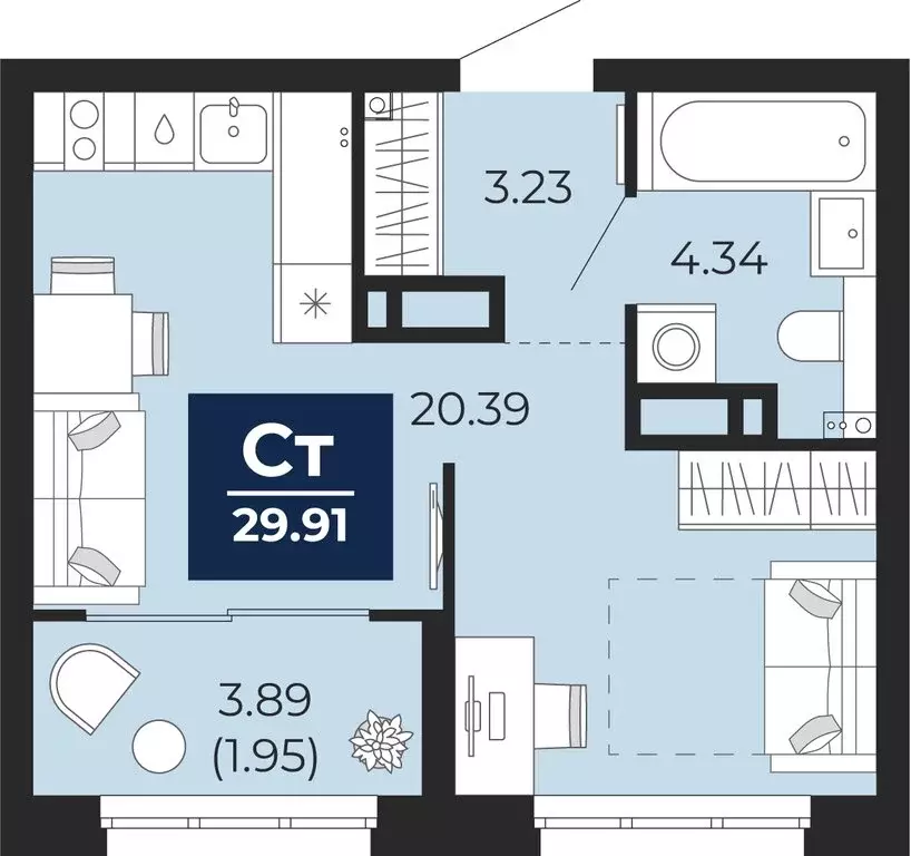 Квартира-студия: Тюмень, Камчатская улица, 109к1 (31.85 м) - Фото 1
