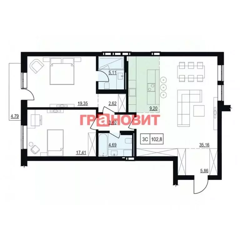 3-к кв. Новосибирская область, Новосибирск ул. Победы, 55/1 (107.6 м) - Фото 0
