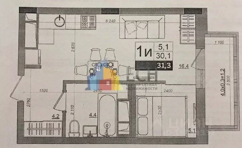 1-к кв. Тульская область, Тула Оборонная ул., 102В (31.3 м) - Фото 2