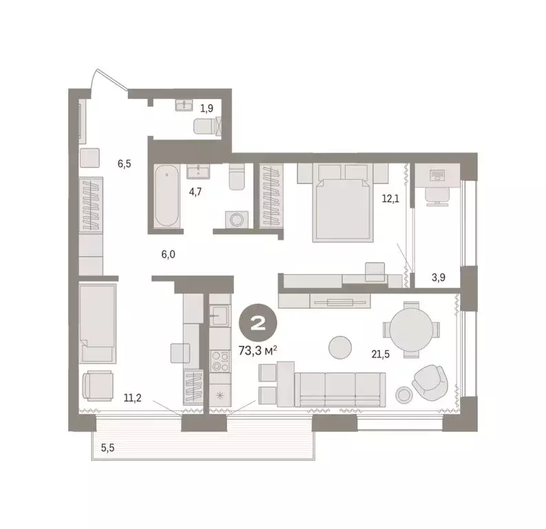 2-комнатная квартира: Тюмень, Краснооктябрьская улица, 4 (73.27 м) - Фото 1