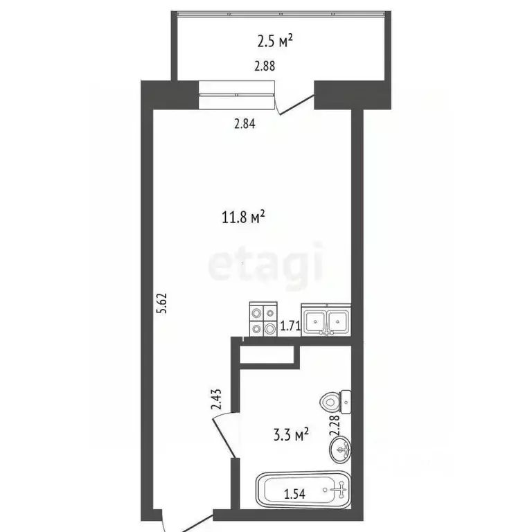 Студия Тюменская область, Тюмень ул. Новоселов, 107к2 (15.1 м) - Фото 1