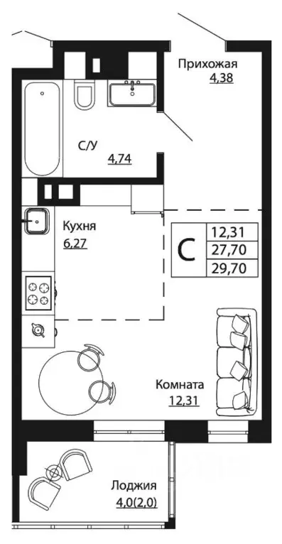 Студия Ростовская область, Ростов-на-Дону ул. Текучева, 370/2 (29.17 ... - Фото 0