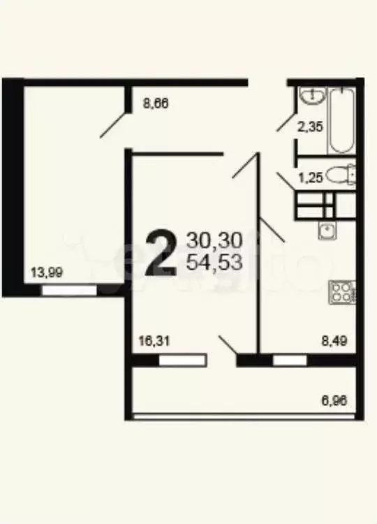 2-к. квартира, 54,5 м, 15/16 эт. - Фото 0