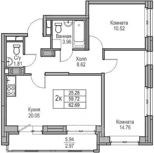 2-к кв. Санкт-Петербург ул. Ивинская, 1к3 (59.72 м) - Фото 0