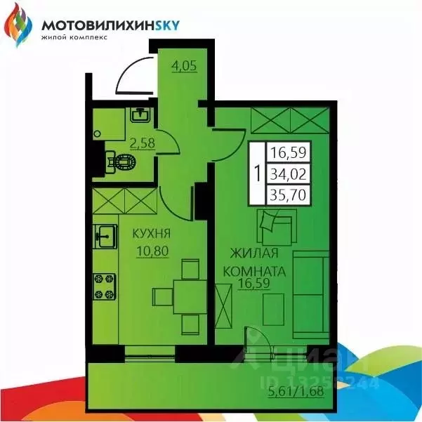 1-к кв. Пермский край, Пермь ул. Гашкова, 53к3 (35.7 м) - Фото 0